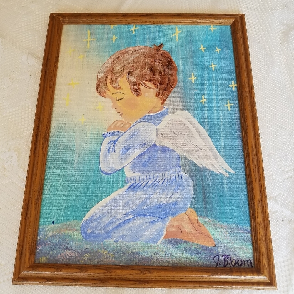 Original Signed Painting Angel Praying Wood Frame